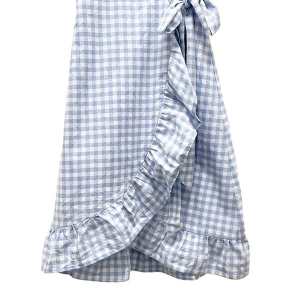 Storia Blue Gingham Wrap Ruffled Knee Length Dress Women’s Size Small Dorothy - Picture 4 of 8